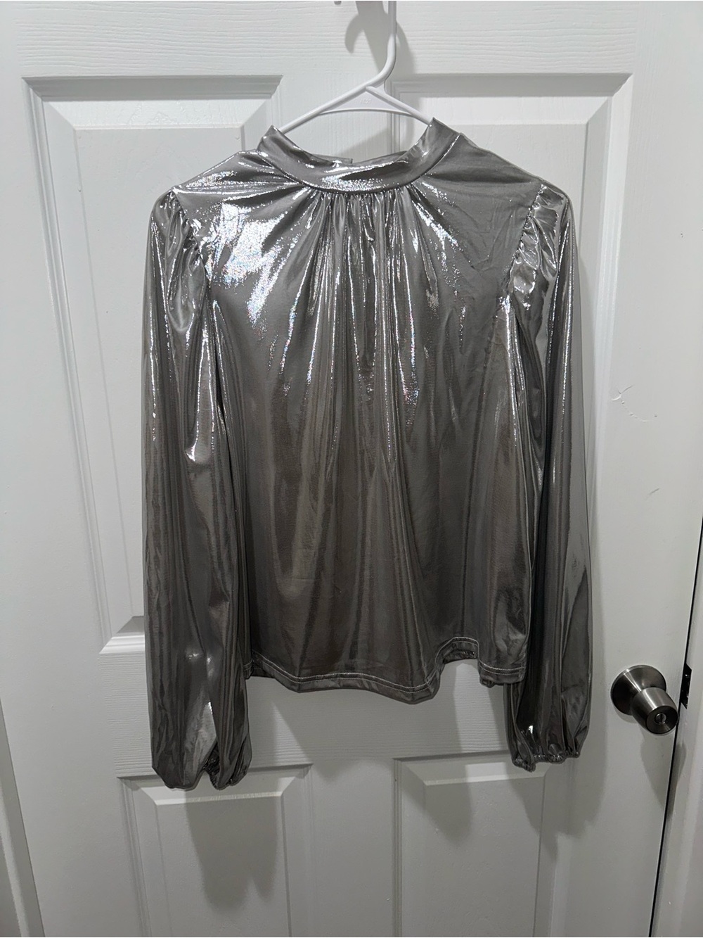 Metallic Silver Long-Sleeve Mock Neck Top